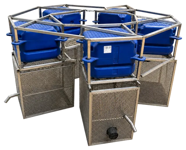 Submersible nanobubble machine carried on a floating stainless-steel frame with blue pontoons and mesh intake cages
