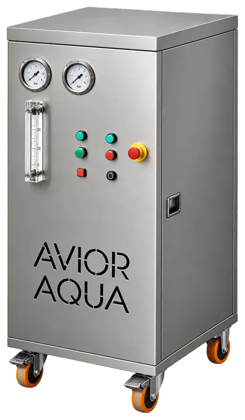 NanoAer air nanobubble generator in a brushed stainless-steel cabinet on castors