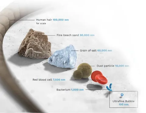 Size comparison from a human hair at 100,000 nm down to an ultrafine bubble at 100 nm, with fine sand, a grain of salt, dust, a red blood cell and a bacterium in between